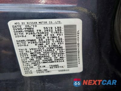 Zdjęcie 13 z 13 samochodu: 2010 INFINITI FX35 BASE VIN:JN8AS1MW0AM856304 - miniatura