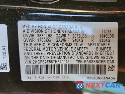 Zdjęcie 12 z 12 samochodu: 2026 HONDA CIVIC SPORT VIN:2HGFE2F58TH540045 - miniatura