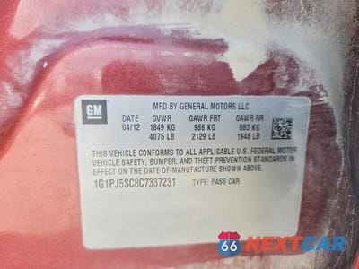 Zdjęcie 12 z 12 samochodu: 2012 CHEVROLET CRUZE ECO VIN:1G1PJ5SC8C7337231 - miniatura