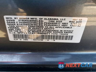 Zdjęcie 12 z 12 samochodu: 2013 HONDA RIDGELINE RTS VIN:5FPYK1F43DB004071 - miniatura