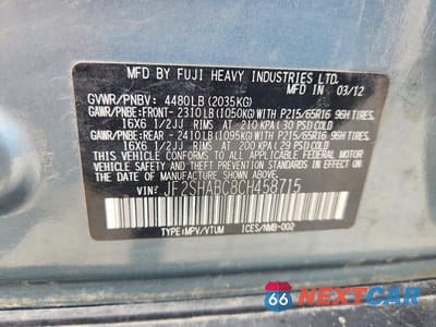 Zdjęcie 12 z 12 samochodu: 2012 SUBARU FORESTER 2.5X VIN:JF2SHABC8CH458715 - miniatura