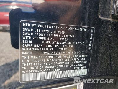 Zdjęcie 13 z 13 samochodu: 2012 VOLKSWAGEN TOUAREG V6 VIN:WVGFF9BP2CD003529 - miniatura