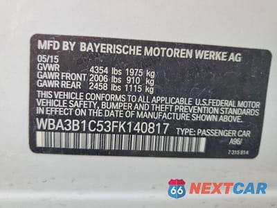 Zdjęcie 12 z 12 samochodu: 2015 BMW 320 I VIN:WBA3B1C53FK140817 - miniatura