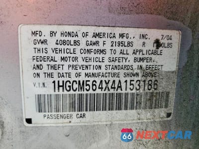 Zdjęcie 12 z 12 samochodu: 2004 HONDA ACCORD LX VIN:1HGCM564X4A153186 - miniatura