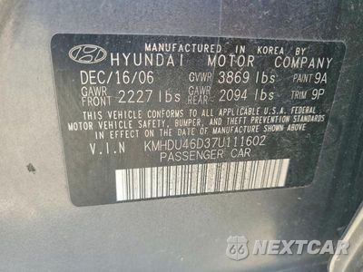 Zdjęcie 12 z 12 samochodu: 2007 HYUNDAI ELANTRA GLS VIN:KMHDU46D37U111602 - miniatura