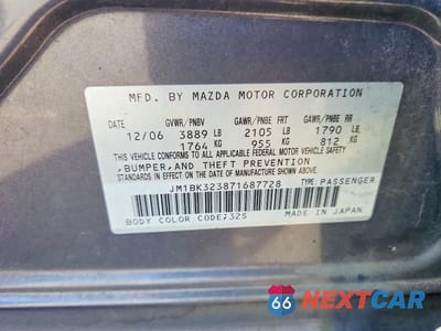 Zdjęcie 12 z 12 samochodu: 2007 MAZDA 3 S VIN:JM1BK323871687728 - miniatura