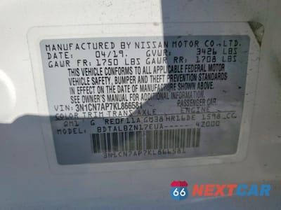 Zdjęcie 12 z 12 samochodu: 2019 NISSAN VERSA SV VIN:3N1CN7AP7KL866581 - miniatura