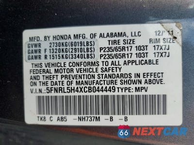 Zdjęcie 13 z 13 samochodu: 2012 HONDA ODYSSEY EX VIN:5FNRL5H4XCB044449 - miniatura
