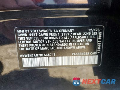 Zdjęcie 12 z 12 samochodu: 2013 VOLKSWAGEN CC SPORT VIN:WVWBN7AN7DE545716 - miniatura
