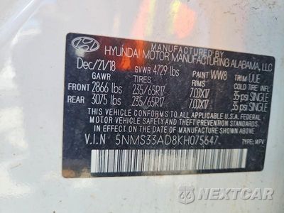 Zdjęcie 13 z 13 samochodu: 2019 HYUNDAI SANTA FE SEL 2.4L VIN:5NMS33AD8KH075647 - miniatura