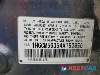 Zdjęcie 12 z 12 samochodu: 2004 HONDA ACCORD LX VIN:1HGCM56354A152650 - miniatura
