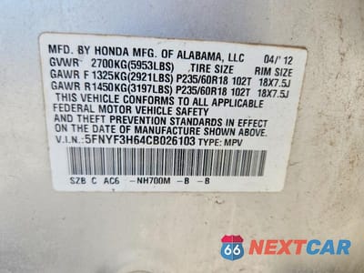 Zdjęcie 12 z 12 samochodu: 2012 HONDA PILOT EXL VIN:5FNYF3H64CB026103 - miniatura