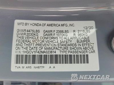 Zdjęcie 12 z 12 samochodu: 2021 HONDA ACCORD SPORT SE VIN:1HGCV1F42MA023814 - miniatura
