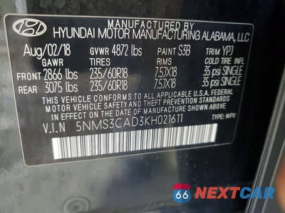 Zdjęcie 14 z 14 samochodu: 2019 HYUNDAI SANTA FE SEL PLUS 2.4L VIN:5NMS3CAD3KH021611 - miniatura