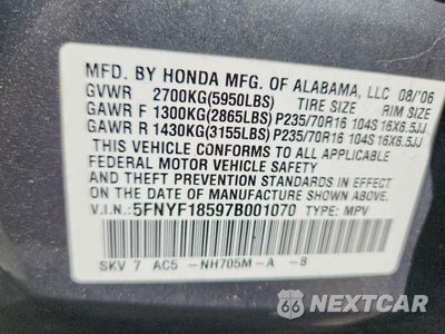 Zdjęcie 12 z 12 samochodu: 2007 HONDA PILOT EXL VIN:5FNYF18597B001070 - miniatura