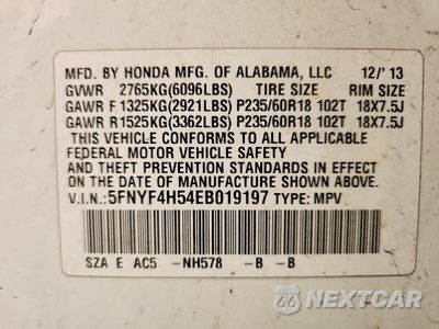 Zdjęcie 14 z 14 samochodu: 2014 HONDA PILOT EXL VIN:5FNYF4H54EB019197 - miniatura