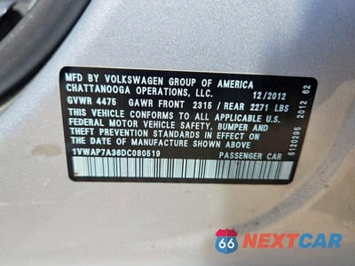 Zdjęcie 12 z 12 samochodu: 2013 VOLKSWAGEN PASSAT S VIN:1VWAP7A36DC080519 - miniatura