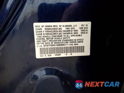 Zdjęcie 13 z 13 samochodu: 2016 HONDA PILOT EXL VIN:5FNYF6H51GB088217 - miniatura