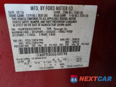 Zdjęcie 12 z 12 samochodu: 2016 FORD TAURUS SEL VIN:1FAHP2E83GG109794 - miniatura