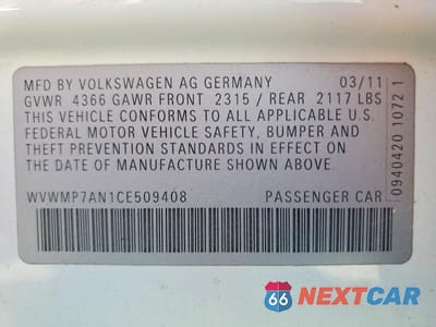 Zdjęcie 13 z 13 samochodu: 2012 VOLKSWAGEN CC SPORT VIN:WVWMP7AN1CE509408 - miniatura