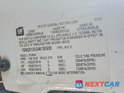 Zdjęcie 12 z 12 samochodu: 2004 CHEVROLET BLAZER VIN:1GNCS13X24K155933 - miniatura