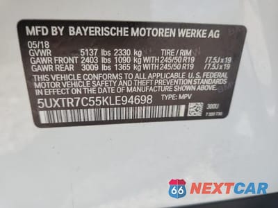 Zdjęcie 14 z 14 samochodu: 2019 BMW X3 SDRIVE30I VIN:5UXTR7C55KLE94698 - miniatura