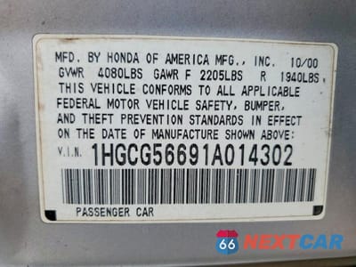 Zdjęcie 12 z 12 samochodu: 2001 HONDA ACCORD EX VIN:1HGCG56691A014302 - miniatura