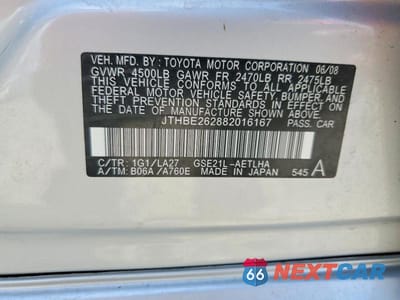 Zdjęcie 12 z 12 samochodu: 2008 LEXUS IS 350 VIN:JTHBE262882016167 - miniatura