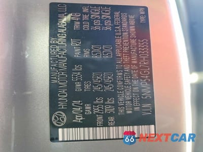 Zdjęcie 13 z 13 samochodu: 2024 HYUNDAI SANTA FE CALLIGRAPHY VIN:5NMP54GL7RH033355 - miniatura