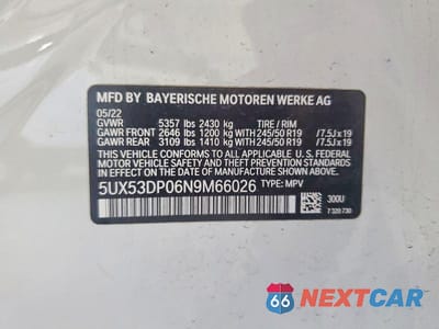 Zdjęcie 12 z 12 samochodu: 2022 BMW X3 XDRIVE30I VIN:5UX53DP06N9M66026 - miniatura