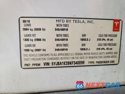 Zdjęcie 12 z 12 samochodu: 2019 TESLA MODEL S VIN:5YJSA1E28KF340099 - miniatura