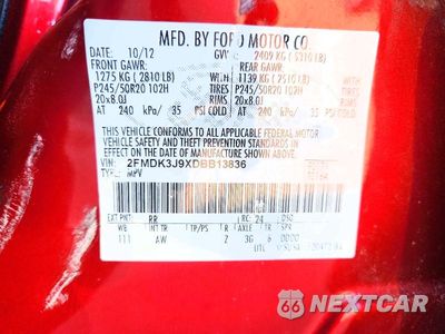Zdjęcie 12 z 12 samochodu: 2013 FORD EDGE SEL VIN:2FMDK3J9XDBB13836 - miniatura