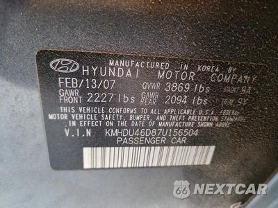 Zdjęcie 12 z 12 samochodu: 2007 HYUNDAI ELANTRA GLS VIN:KMHDU46D87U156504 - miniatura