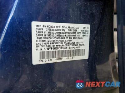 Zdjęcie 13 z 13 samochodu: 2013 HONDA PILOT EXL VIN:5FNYF4H60DB036814 - miniatura