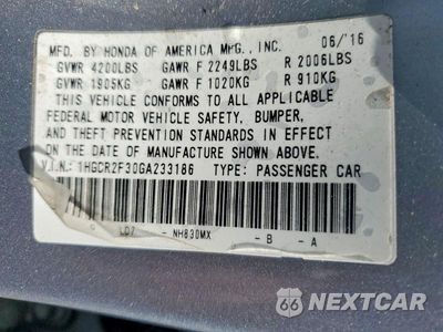 Zdjęcie 13 z 13 samochodu: 2016 HONDA ACCORD LX VIN:1HGCR2F30GA233186 - miniatura