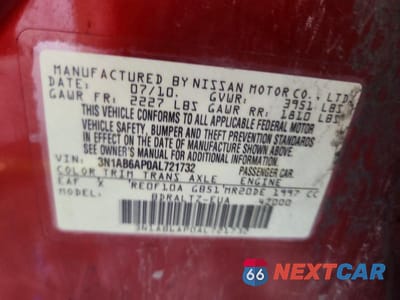 Zdjęcie 13 z 13 samochodu: 2010 NISSAN SENTRA 2.0 VIN:3N1AB6AP0AL721732 - miniatura