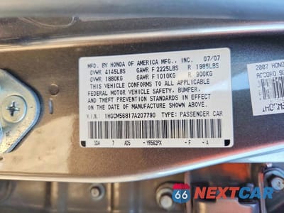 Zdjęcie 12 z 12 samochodu: 2007 HONDA ACCORD EX VIN:1HGCM56817A207790 - miniatura