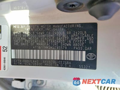 Zdjęcie 12 z 12 samochodu: 2019 TOYOTA CAMRY XLE VIN:4T1B11HK2KU785579 - miniatura