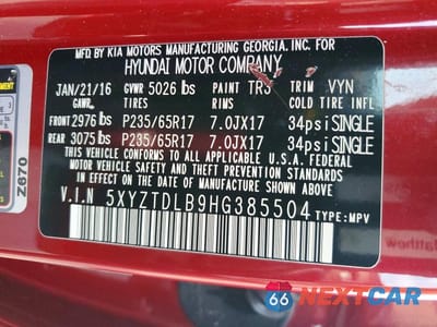 Zdjęcie 13 z 13 samochodu: 2017 HYUNDAI SANTA FE SPORT 2.4L VIN:5XYZTDLB9HG385504 - miniatura