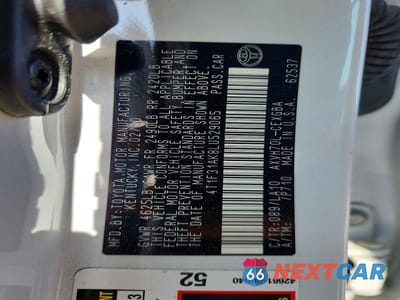 Zdjęcie 12 z 12 samochodu: 2020 TOYOTA CAMRY XLE VIN:4T1F31AK8LU529065 - miniatura