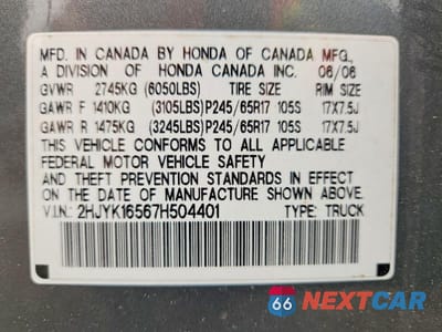 Zdjęcie 12 z 12 samochodu: 2007 HONDA RIDGELINE RTL VIN:2HJYK16567H504401 - miniatura