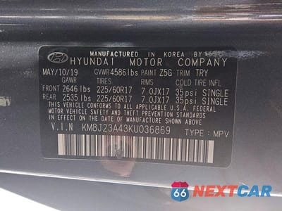 Zdjęcie 13 z 13 samochodu: 2019 HYUNDAI TUCSON SE VIN:KM8J23A43KU036869 - miniatura