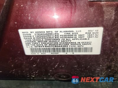 Zdjęcie 13 z 13 samochodu: 2012 HONDA PILOT EXL VIN:5FNYF4H57CB044303 - miniatura
