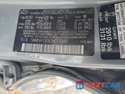 Zdjęcie 12 z 12 samochodu: 2007 HYUNDAI SANTA FE SE VIN:5NMSH73E67H073949 - miniatura