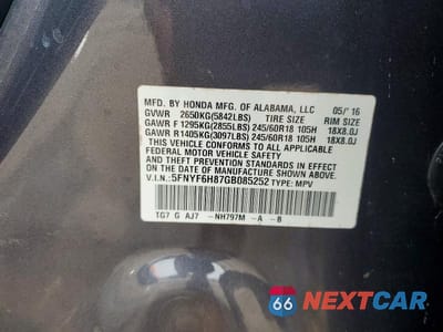 Zdjęcie 13 z 13 samochodu: 2016 HONDA PILOT EXL VIN:5FNYF6H87GB085252 - miniatura