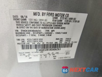 Zdjęcie 14 z 14 samochodu: 2019 FORD FLEX LIMITED VIN:2FMGK5D85KBA06265 - miniatura