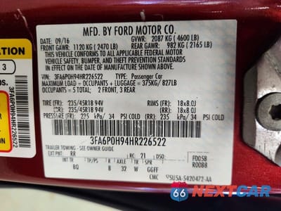 Zdjęcie 12 z 12 samochodu: 2017 FORD FUSION SE VIN:3FA6P0H94HR226522 - miniatura