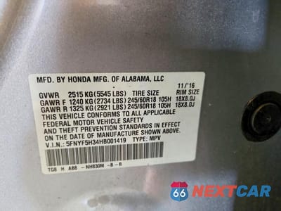 Zdjęcie 13 z 13 samochodu: 2017 HONDA PILOT EX VIN:5FNYF5H34HB001419 - miniatura