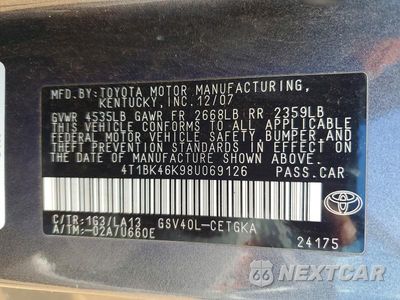 Zdjęcie 13 z 13 samochodu: 2008 TOYOTA CAMRY XLE V6 VIN:4T1BK46K98U069126 - miniatura