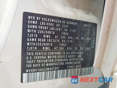 Zdjęcie 13 z 13 samochodu: 2012 VOLKSWAGEN TIGUAN S VIN:WVGBV7AX2CW607397 - miniatura